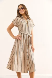 Olalook Women's Stone Belted Striped Midi Shirt Dress - Image 4