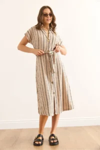 Olalook Women's Stone Belted Striped Midi Shirt Dress - Image 5