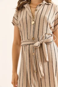 Olalook Women's Stone Belted Striped Midi Shirt Dress - Image 7