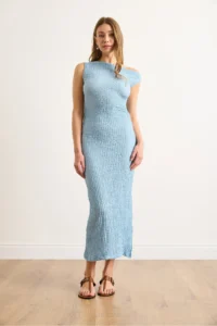 Olalook Women's Blue Waist Gathered Slit Textured Dress - Image 2