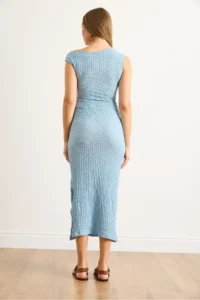 Olalook Women's Blue Waist Gathered Slit Textured Dress - Image 6