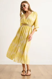 Olalook Women's Yellow Double Breasted Collar Waist Elastic Slit Maxi Dress