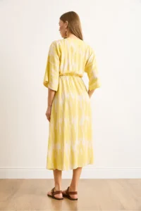 Olalook Women's Yellow Double Breasted Collar Waist Elastic Slit Maxi Dress - Image 2