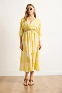 Olalook Women's Yellow Double Breasted Collar Waist Elastic Slit Maxi Dress - Image 3
