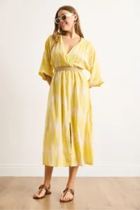 Olalook Women's Yellow Double Breasted Collar Waist Elastic Slit Maxi Dress - Image 4