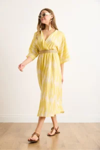 Olalook Women's Yellow Double Breasted Collar Waist Elastic Slit Maxi Dress - Image 5