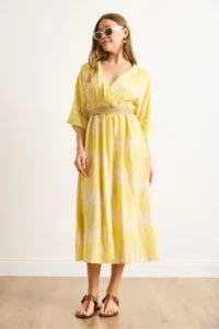 Olalook Women's Yellow Double Breasted Collar Waist Elastic Slit Maxi Dress - Image 6
