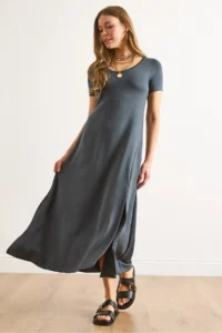 Olalook Women's Smoked Short Sleeve Slit Modal Buttoned Maxi Dress