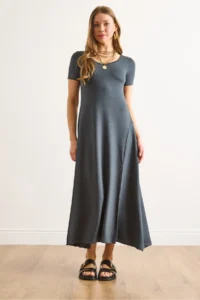 Olalook Women's Smoked Short Sleeve Slit Modal Buttoned Maxi Dress - Image 2