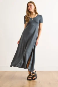 Olalook Women's Smoked Short Sleeve Slit Modal Buttoned Maxi Dress - Image 3