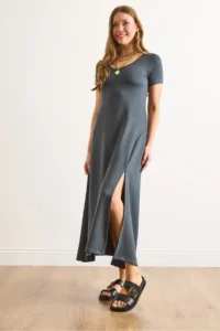 Olalook Women's Smoked Short Sleeve Slit Modal Buttoned Maxi Dress - Image 4