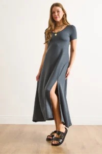Olalook Women's Smoked Short Sleeve Slit Modal Buttoned Maxi Dress - Image 5