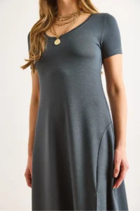 Olalook Women's Smoked Short Sleeve Slit Modal Buttoned Maxi Dress - Image 6