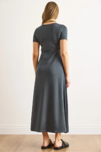 Olalook Women's Smoked Short Sleeve Slit Modal Buttoned Maxi Dress - Image 7