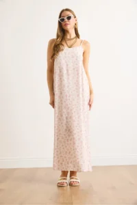 Olalook Women's Ecru Strap Adjustable Maxi Viscose Dress - Image 2
