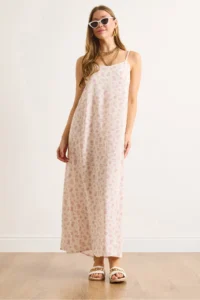 Olalook Women's Ecru Strap Adjustable Maxi Viscose Dress - Image 4