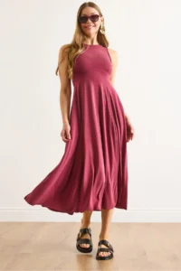 Olalook Women's Burgundy Modal Sleeveless Piece Maxi A-Line Dress