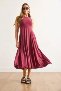 Olalook Women's Burgundy Modal Sleeveless Piece Maxi A-Line Dress - Image 2