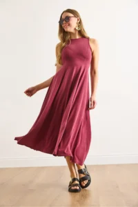 Olalook Women's Burgundy Modal Sleeveless Piece Maxi A-Line Dress - Image 3
