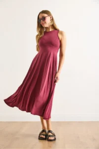 Olalook Women's Burgundy Modal Sleeveless Piece Maxi A-Line Dress - Image 4