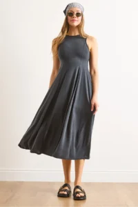 Olalook Women's Anthracite Modal Sleeveless Piece Maxi A-Line Dress