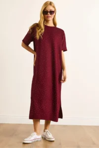 Olalook Women's Claret Red Slit Sequin Detailed Flowy Dress