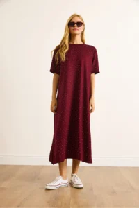 Olalook Women's Claret Red Slit Sequin Detailed Flowy Dress - Image 2