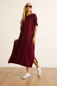 Olalook Women's Claret Red Slit Sequin Detailed Flowy Dress - Image 4