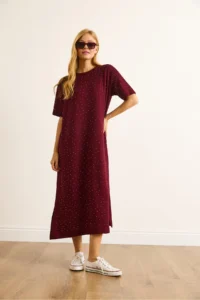 Olalook Women's Claret Red Slit Sequin Detailed Flowy Dress - Image 5