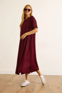 Olalook Women's Claret Red Slit Sequin Detailed Flowy Dress - Image 6