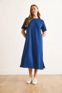 Olalook Women's Navy Blue Slit Sequin Detailed Flowy Dress - Image 2