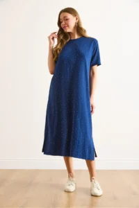 Olalook Women's Navy Blue Slit Sequin Detailed Flowy Dress - Image 3
