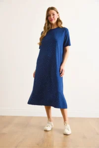 Olalook Women's Navy Blue Slit Sequin Detailed Flowy Dress - Image 4