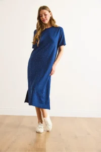 Olalook Women's Navy Blue Slit Sequin Detailed Flowy Dress - Image 5