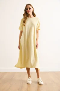 Olalook Women's Yellow Slit Sequin Detailed Flowy Dress - Image 2