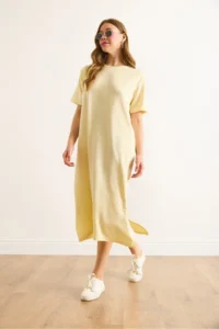 Olalook Women's Yellow Slit Sequin Detailed Flowy Dress - Image 5