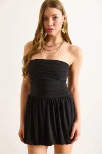 Olalook Women's Black Strapless Balloon Skirt Flowy Mini Sandy Dress