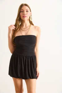 Olalook Women's Black Strapless Balloon Skirt Flowy Mini Sandy Dress - Image 3
