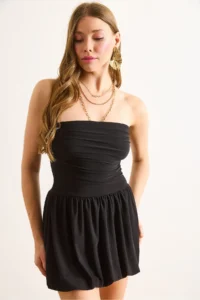Olalook Women's Black Strapless Balloon Skirt Flowy Mini Sandy Dress - Image 4