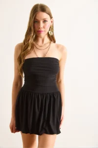 Olalook Women's Black Strapless Balloon Skirt Flowy Mini Sandy Dress - Image 5