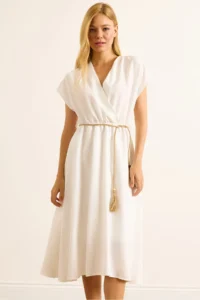Olalook Women's White Straw Lace-Up Bat Waist Elastic Dress