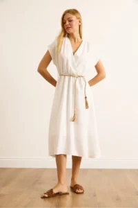 Olalook Women's White Straw Lace-Up Bat Waist Elastic Dress - Image 2