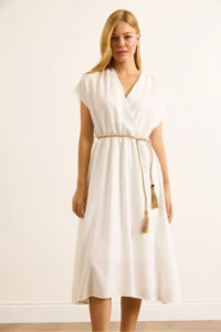 Olalook Women's White Straw Lace-Up Bat Waist Elastic Dress - Image 3