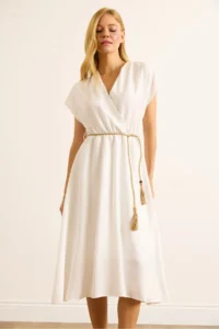 Olalook Women's White Straw Lace-Up Bat Waist Elastic Dress - Image 4