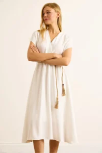 Olalook Women's White Straw Lace-Up Bat Waist Elastic Dress - Image 5