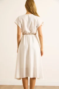 Olalook Women's White Straw Lace-Up Bat Waist Elastic Dress - Image 7
