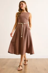 Olalook Women's Brown Belt Detailed Midi Linen Dress