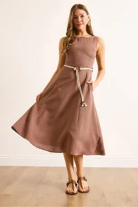 Olalook Women's Brown Belt Detailed Midi Linen Dress - Image 2