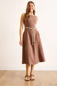 Olalook Women's Brown Belt Detailed Midi Linen Dress - Image 3