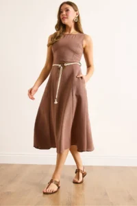 Olalook Women's Brown Belt Detailed Midi Linen Dress - Image 4